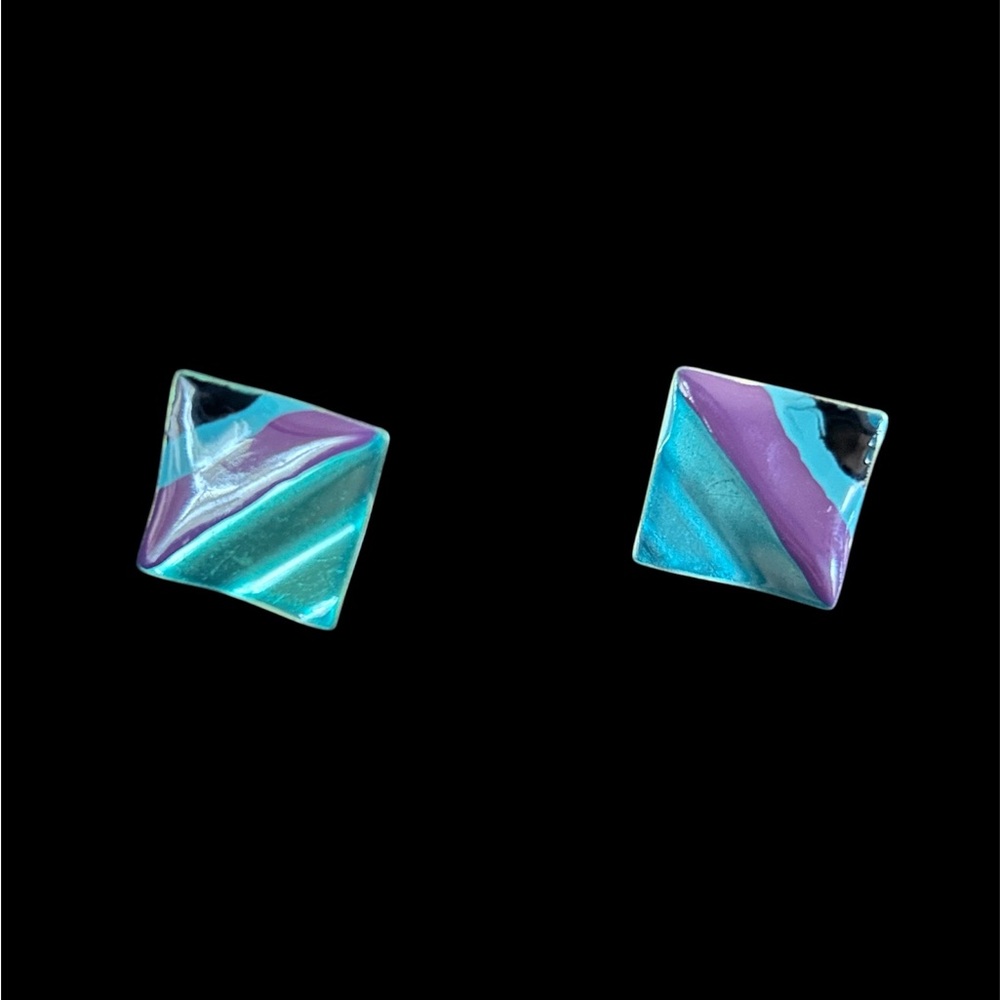 80s Geometric Enamel Diamond Stud Earrings - Purple & Teal Abstract Design